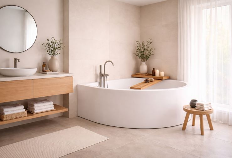 Baignoire d’angle blanche dans une salle de bains minimaliste avec meuble suspendu en bois clair, vasque à poser, robinetterie chromée et ambiance douce et épurée.