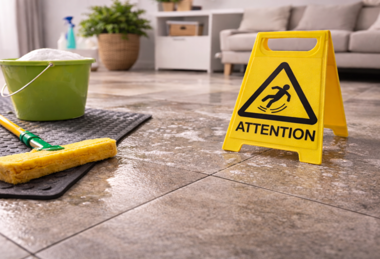 carrelage intérieur antidérapant mouillé dans une pièce de vie, avec pied en appui et matériel de nettoyage au sol illustrant la sécurité sur surface humide