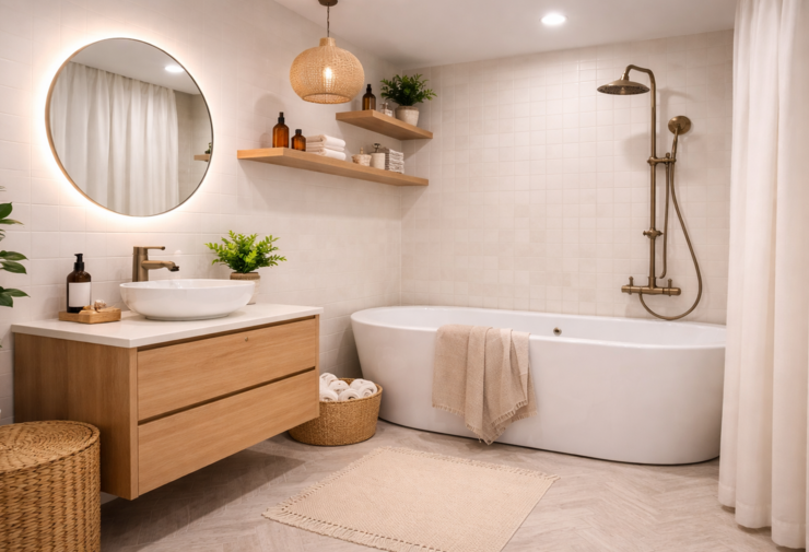 Baignoire compacte intégrée dans une petite salle de bains lumineuse, avec meuble vasque en bois, robinetterie finition laiton