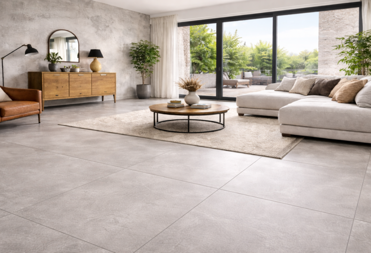 Salon lumineux style industriel avec carrelage XXL effet béton clair, grandes dalles au sol, mobilier bois et métal, et larges baies vitrées laissant entrer la lumière naturelle.