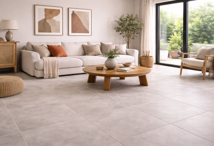 Salon contemporain lumineux avec grand carrelage gris clair effet pierre, larges dalles au sol